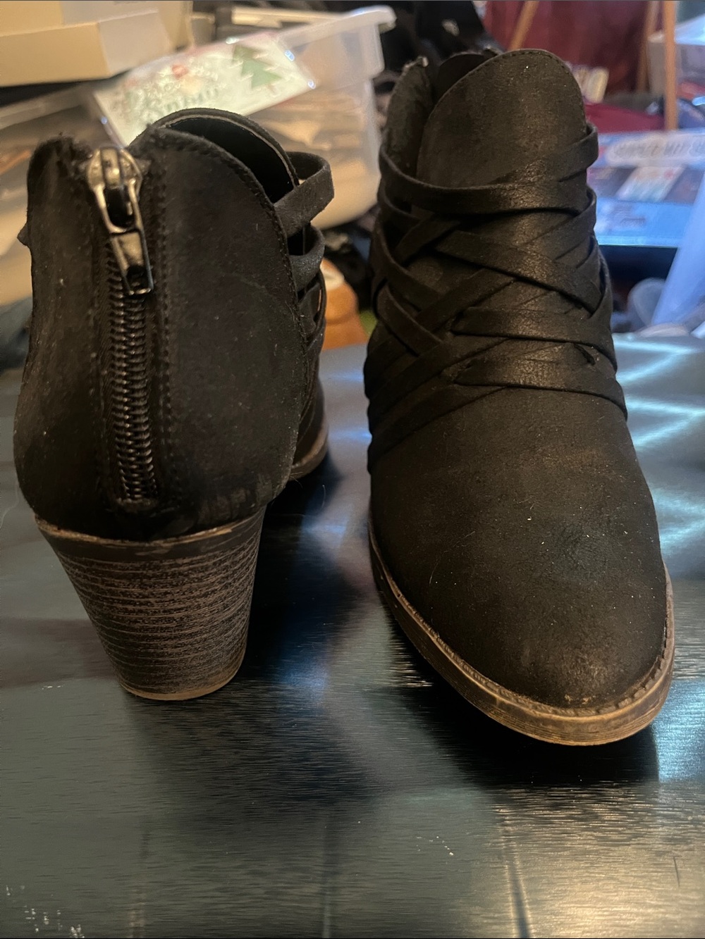 Black Women's Suede Ankle Booties with Wrap Detail
